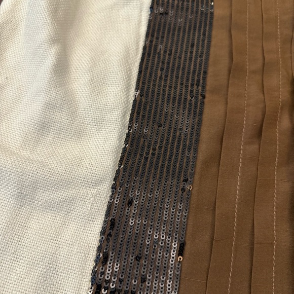 Tory Burch Linen Sleeveless Top Natural Linen Pin-Tuck Silk Brown Black (T1) - Picture 3 of 8